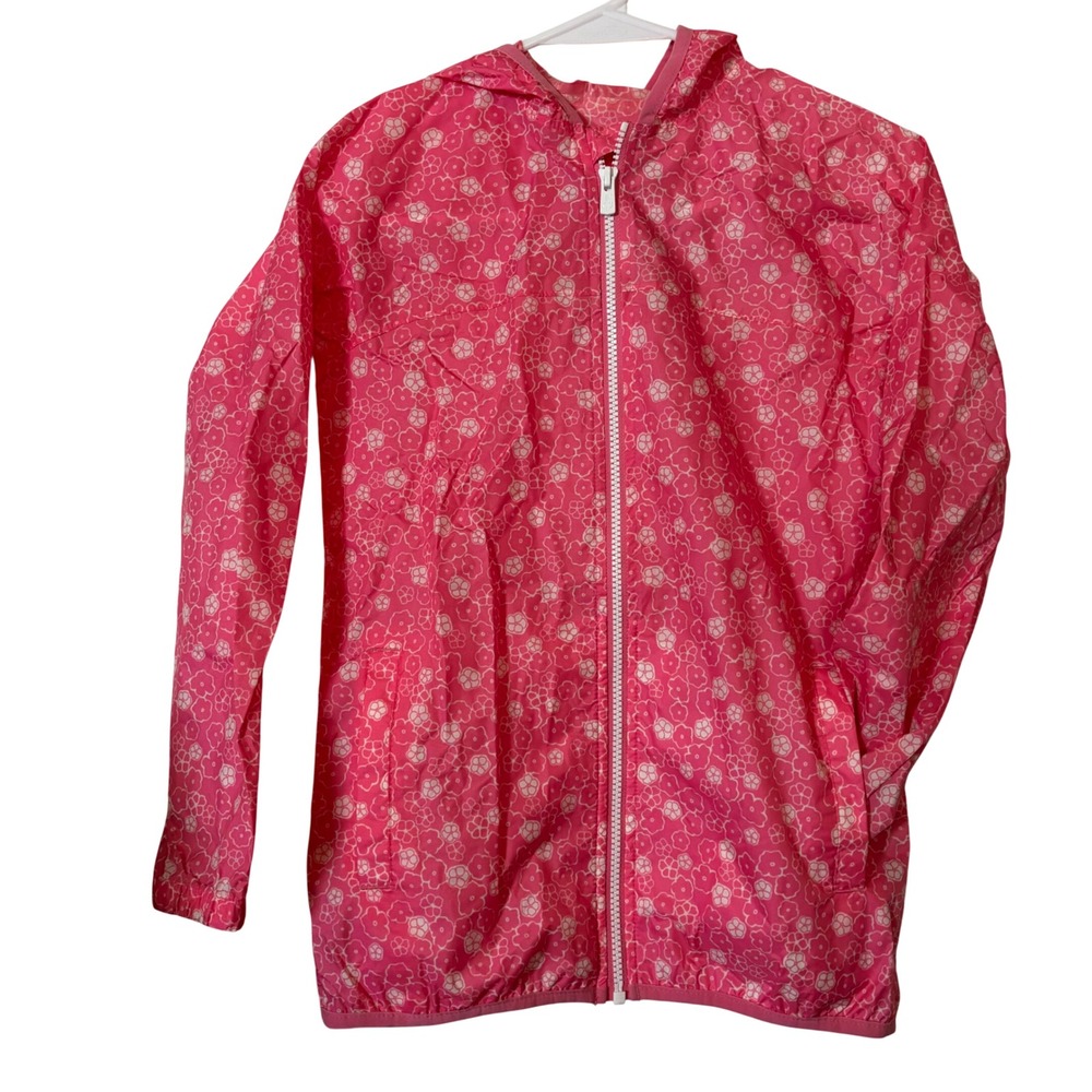 Lands' End Girls Windbreaker Jacket Size S 7/8 Pink White Floral Full Zip Hooded